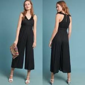 Maeve Syros black ruffle jumpsuit 8 womens Anthropologie wide leg sleeveless